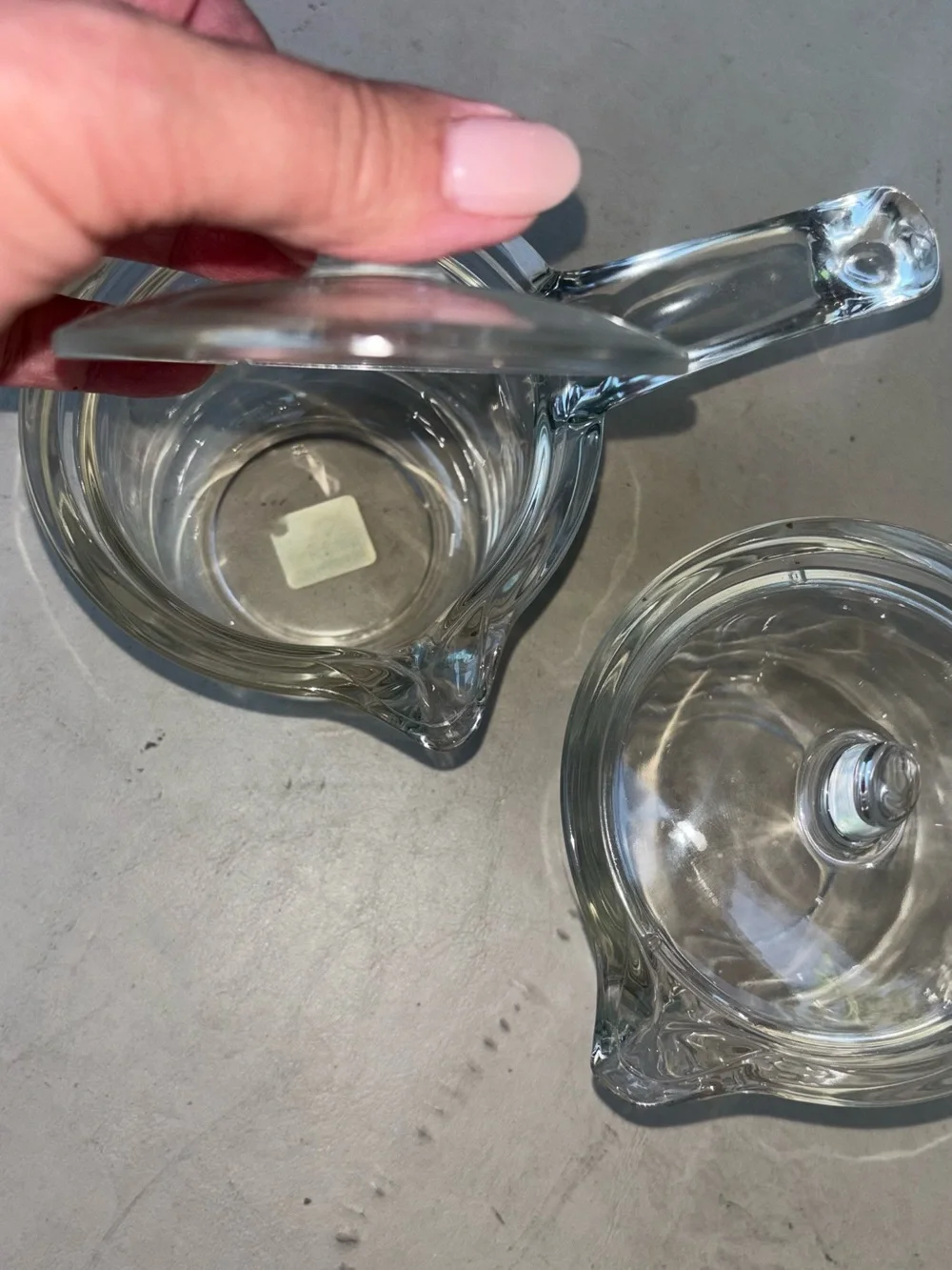 Set of Two Crate and Barrel Clear Glass small pots with Lids